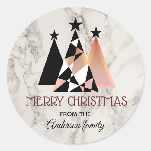 Merry Christmas White Marble and Rose Gold Classic Round Sticker