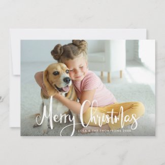 Merry Christmas White Modern Brushed Script Photo Holiday Card