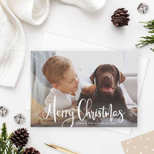 Merry Christmas White Modern Brushed Script Photo Holiday Card