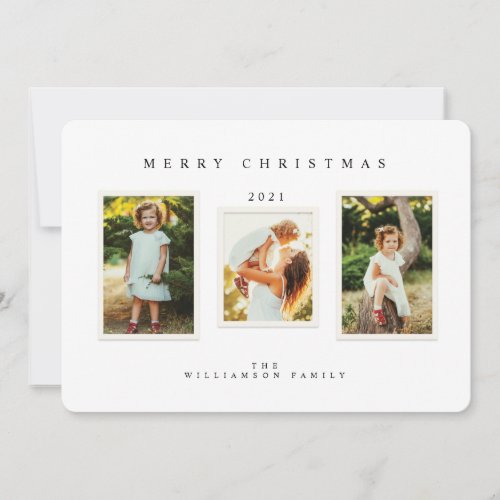 Merry Christmas White Modern Minimal 3 Photo Holiday Card