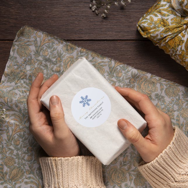 Merry Christmas White Navy Gray RSVP Snowflakes Classic Round Sticker (Merry Christmas White Navy Gray RSVP Snowflakes Classic Round Sticker)