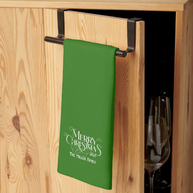 Merry Christmas White On Green Retro Typography Kitchen Towel (Thirds Fold)