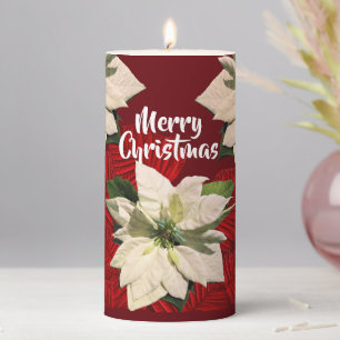 Merry Christmas White Poinsettia Bloom Red Pillar Candle