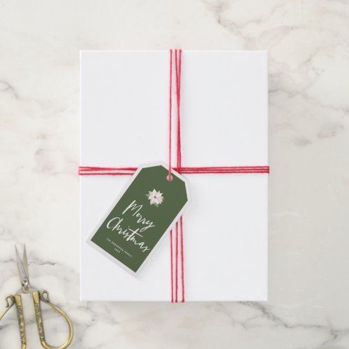 Merry Christmas White Poinsettia on Green Gift Tags