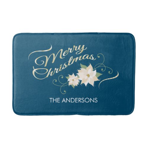 Merry Christmas White Poinsettia Personalized Bathroom Mat