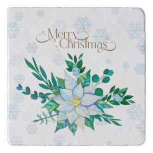 Merry Christmas White Poinsettia Snowflakes Trivet