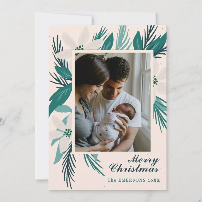 Merry Christmas white poinsettias photo Card (Front)