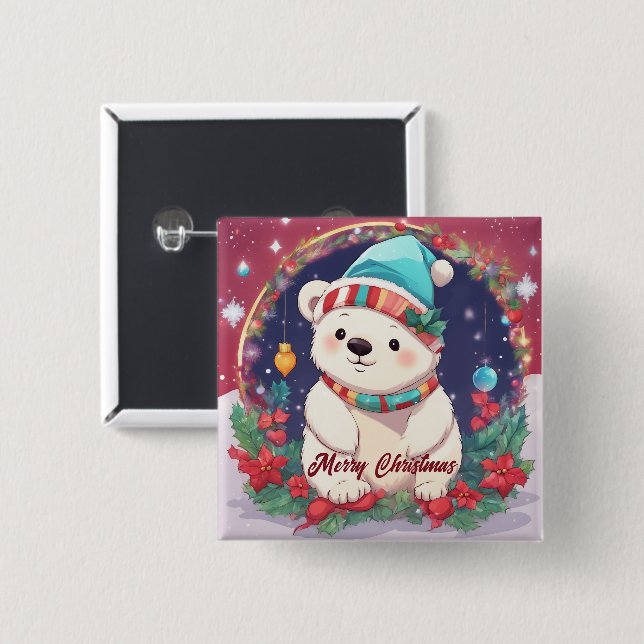 Merry Christmas White Polar Bear  Button (Front & Back)