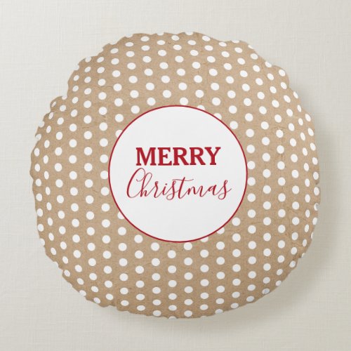 Merry Christmas White Polka Dots Kraft Rustic  Round Pillow