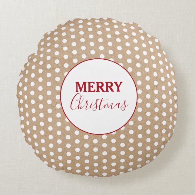Merry Christmas White Polka Dots Kraft Rustic  Round Pillow (Front)