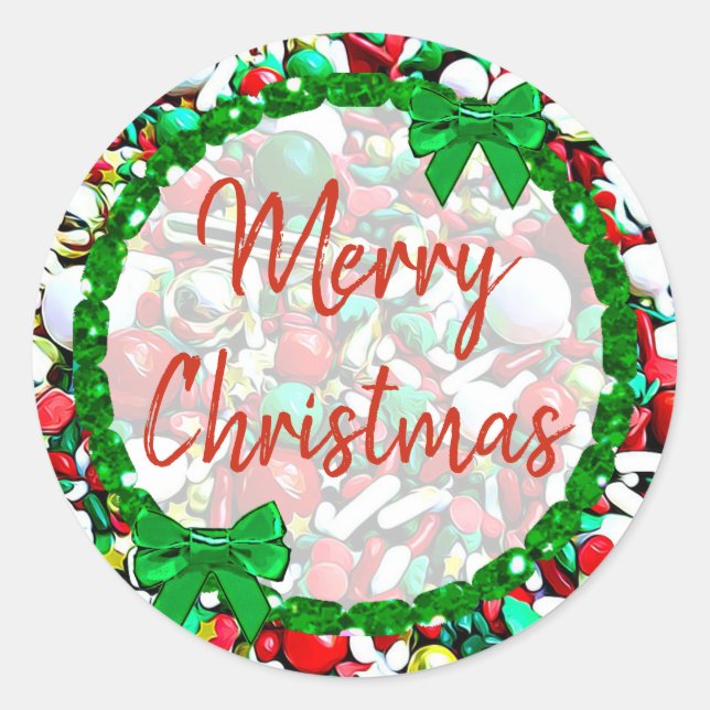 Merry Christmas White, Red Green Holiday Sprinkles Classic Round Sticker (Front)