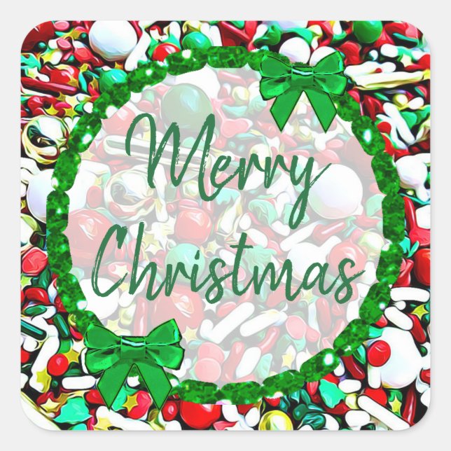 Merry Christmas White, Red Green Holiday Sprinkles Square Sticker (Front)