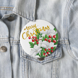 Merry Christmas White Red Green Watercolor Floral Button