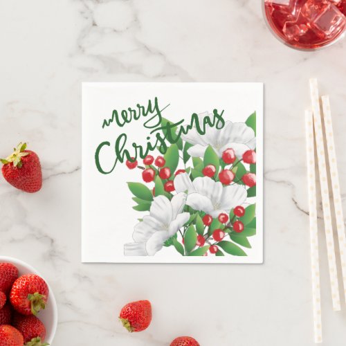 Merry Christmas White Red Green Watercolor Floral  Napkins
