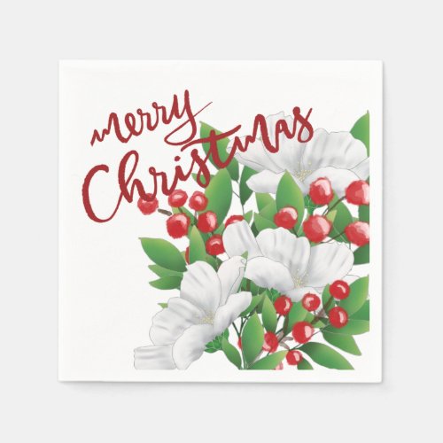 Merry Christmas White Red Green Watercolor Floral Napkins