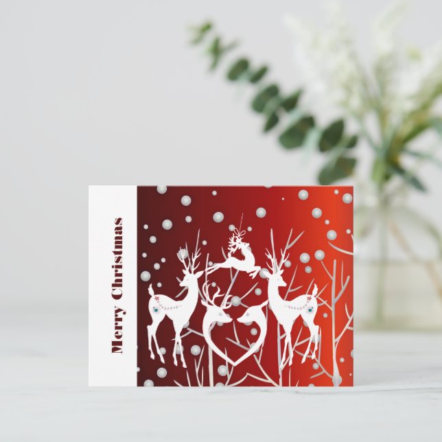  Merry Christmas White Reindeer Elegant Red Custom Postcard (Standing Front)