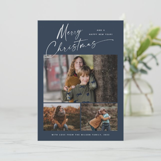 Merry Christmas White Script 3 Photo Collage Holiday Card (Standing Front)