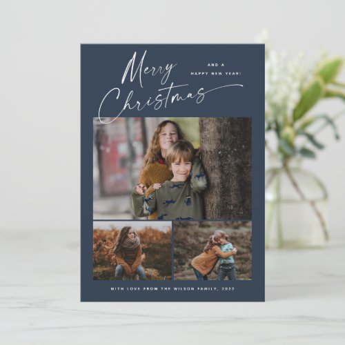 Merry Christmas White Script 3 Photo Collage Holiday Card