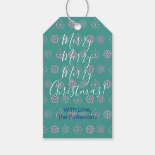 Merry Christmas, White Script, DIY Name, Teal Gift Tags