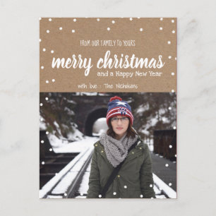 Merry Christmas White Script Kraft Paper   Photo Holiday Postcard