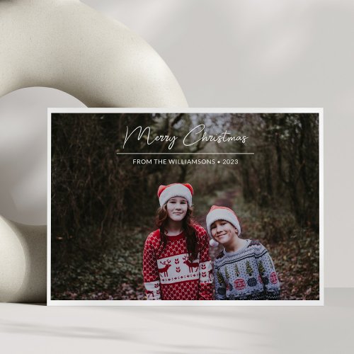 Merry Christmas White Script Overlay Border Photo Holiday Card