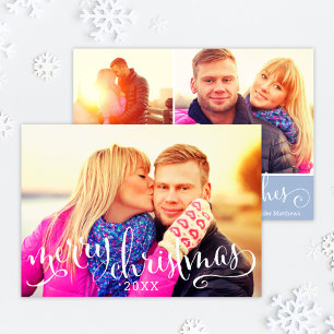 Merry Christmas White Script Photo Collage Holiday Card