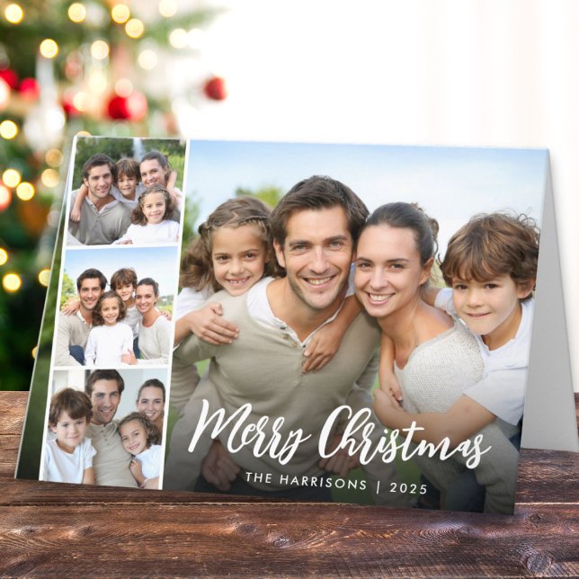 Merry Christmas White Script Photo Overlay Holiday Card (Share the love and warmth of the holiday season with this personalized photo Christmas card)