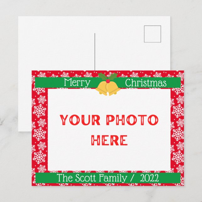 Merry Christmas White snow Family Photo Red Postcard (Front/Back)