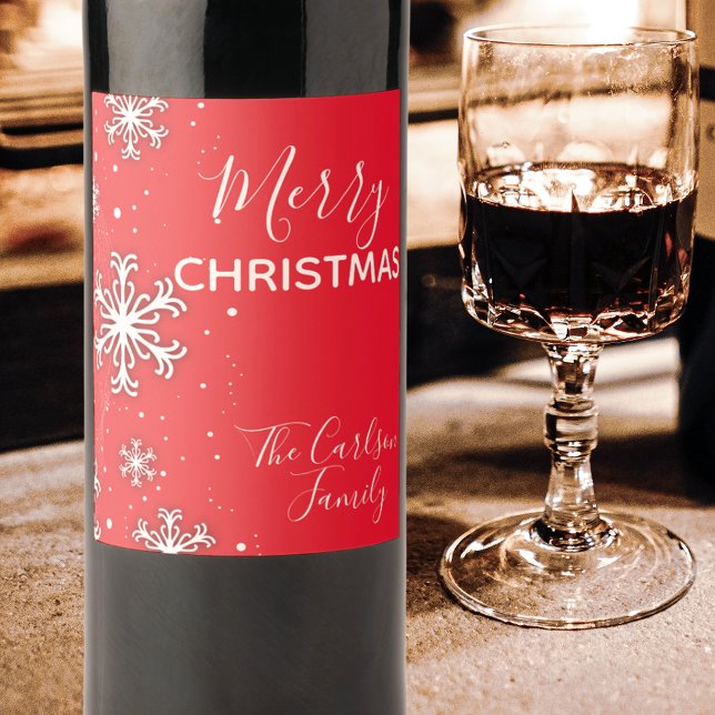 Merry Christmas White Snowflakes on Red  Wine Label (Creator Uploaded)