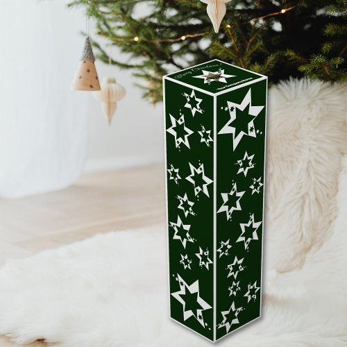Merry Christmas White Stars on Dark Green Wine Box