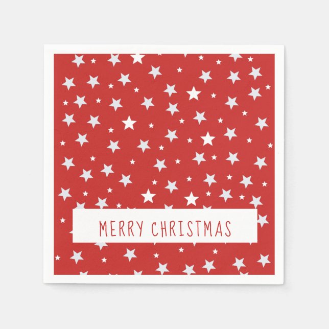 Merry Christmas White Stars on Red Paper Napkins (Front)