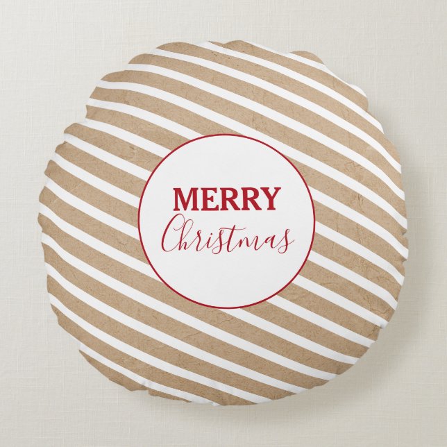 Merry Christmas White Stripes Kraft Rustic Round Pillow (Front)