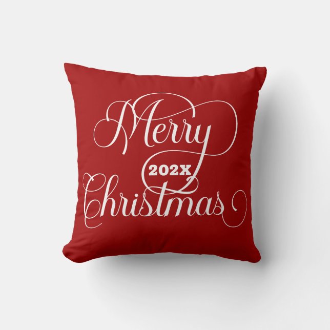 Merry Christmas White Typography On Red Throw Pillow (Front)