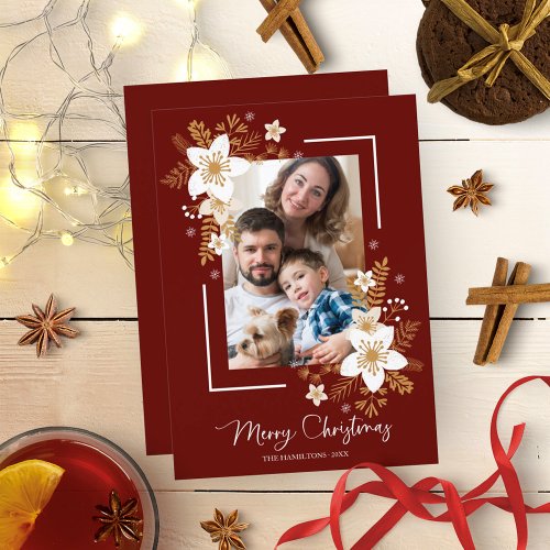 Merry Christmas White Winter Floral Holidays Photo Invitation