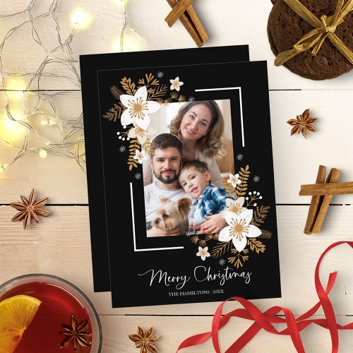 Merry Christmas White Winter Floral Holidays Photo Invitation