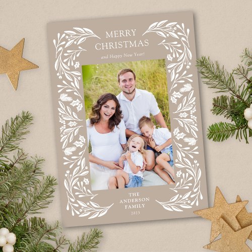 Merry Christmas White Winter Greenery Photo Holiday Card