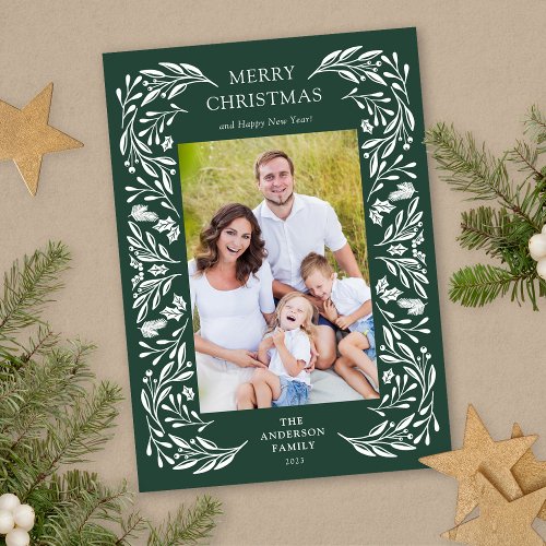 Merry Christmas White Winter Greenery Photo Holiday Card