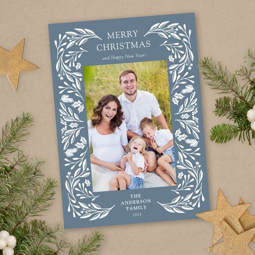 Merry Christmas White Winter Greenery Photo Holiday Card