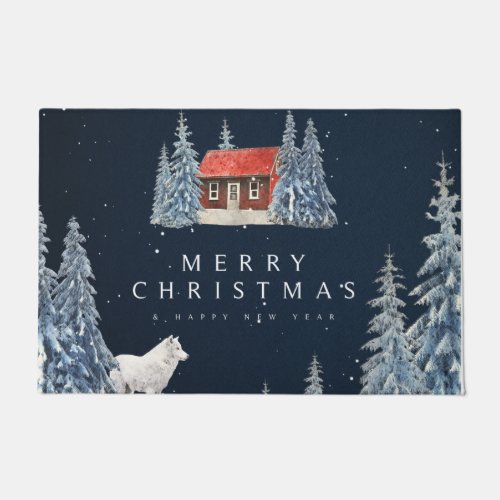 Merry Christmas White Wolf and Red Cabin Scene Doormat