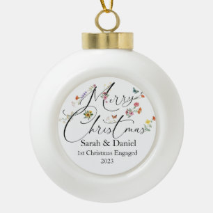 Merry Christmas Wild Flower 1st Christmas Engaged Ceramic Ball Christmas Ornament
