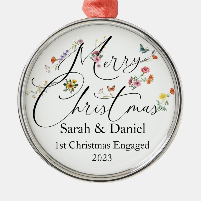 Merry Christmas Wild Flower 1st Christmas Engaged  Metal Ornament (Front)