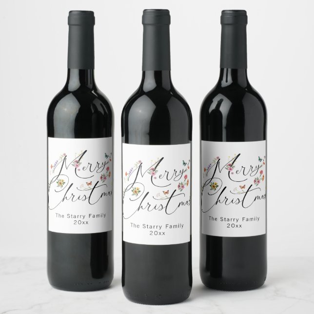 Merry Christmas Wild Flowers Holiday Modern Wine Label (Bottles)