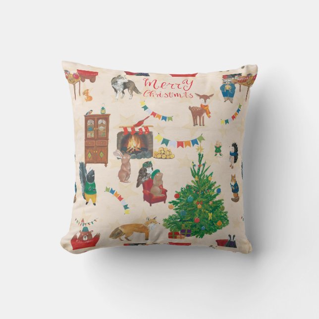 Merry Christmas Wildlife Fun Throw Pillow (Front)