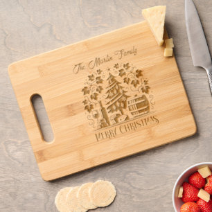 Merry Christmas Wine and Cheese Family Name Engraved Cutting Board