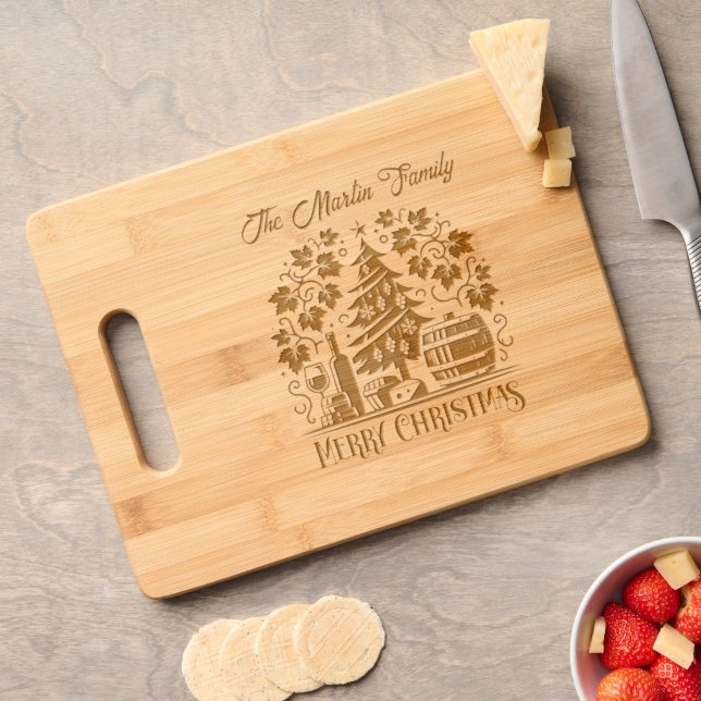 Merry Christmas Wine and Cheese Family Name  Engraved Cutting Board (Cheese)