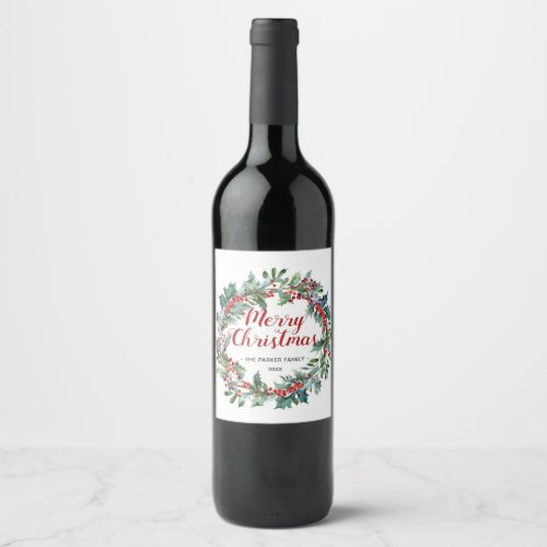 Merry Christmas wine label berries wreath