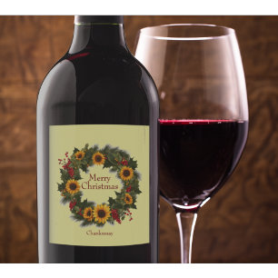 Merry Christmas Wine Sunflower Wreath Holly Joy Label