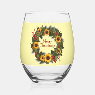 Merry Christmas Wine Sunflower Wreath Holly Joy Stemless Wine Glass