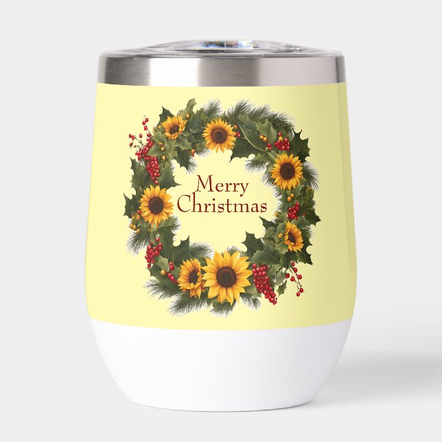 Merry Christmas Wine Sunflower Wreath Holly Joy Thermal Wine Tumbler (Front)