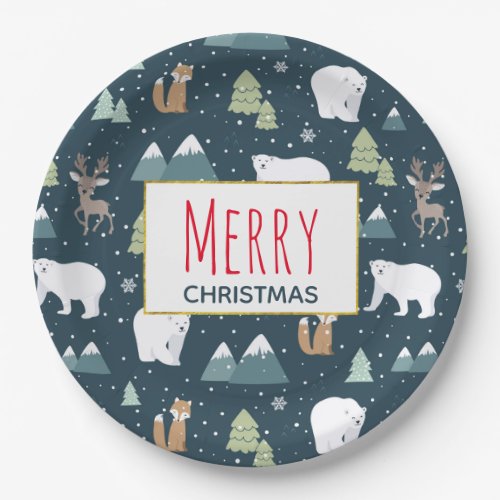 Merry Christmas Winter Animals Rustic Pattern Paper Plates
